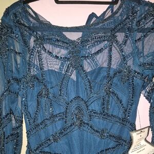 Adrianna Papell Teal Beaded Long Sleeve Dress